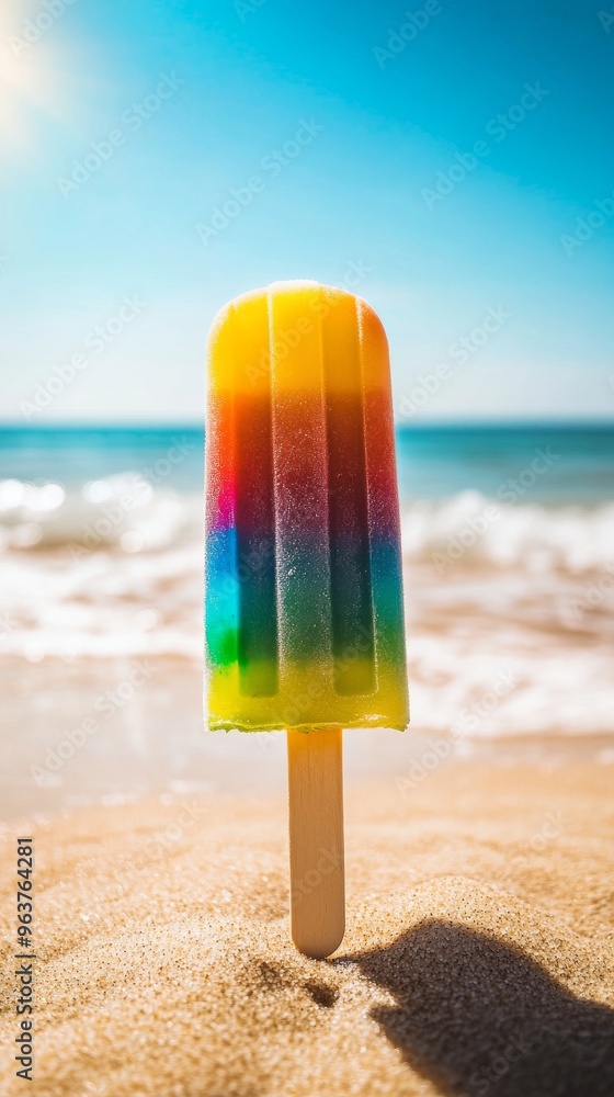 Colorful popsicle on sandy beach with ocean Colorful popsicle on sandy beach with ocean