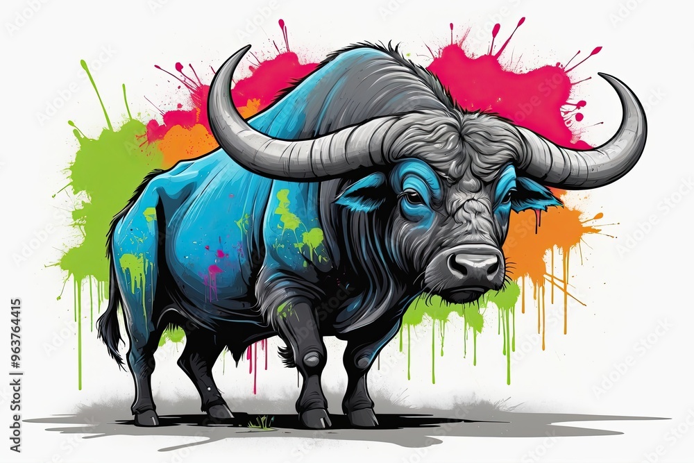 Obraz premium Graffiti-Style Buffalo: A full-body graffiti-style illustration of a buffalo