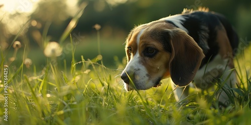 Tri-colored beagle relieving itself on a grassy field. photo