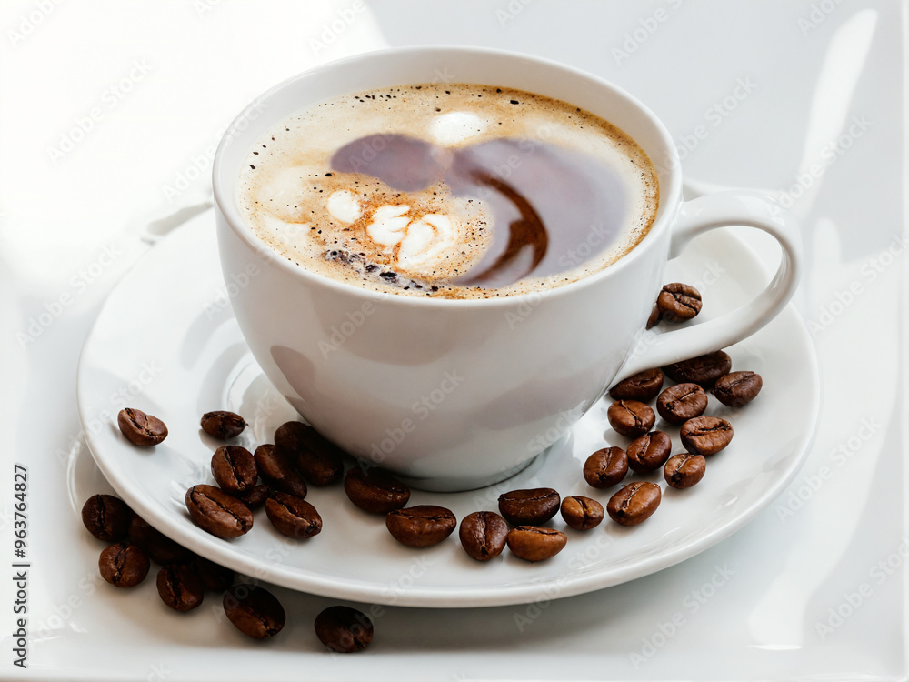 3D Render of a cup of coffee with a latte art on a saucer with coffee beans. 3D Render of a cup of coffee with a latte art on a saucer with coffee beans.