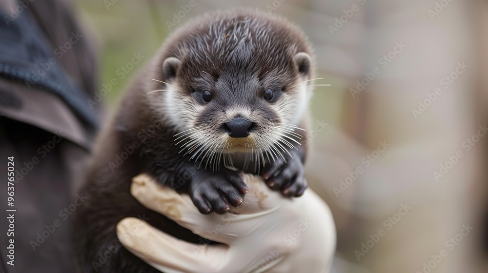 Obraz premium Adorable Baby Otter: A Cute and Playful Baby Otter in a Heartwarming Pose. This charming image features a young otter with soft fur and a sweet expression, capturing its playful and endearing nature. 