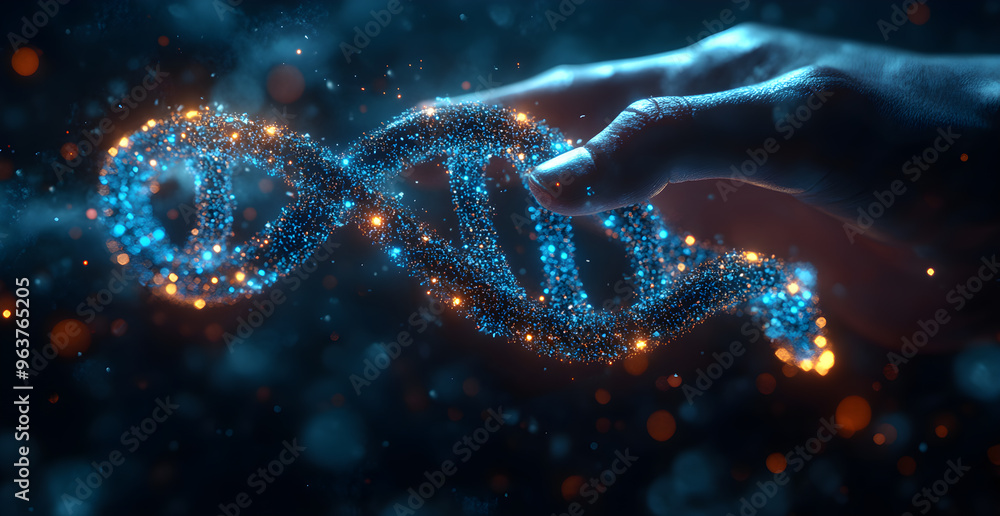 A hand is holding a DNA strand with glowing beads A hand is holding a DNA strand with glowing beads