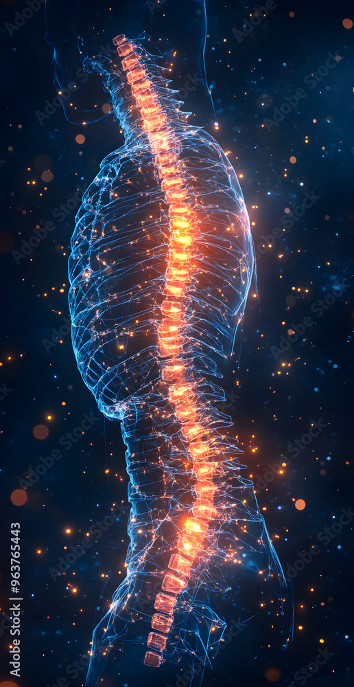 A spine is shown in a blue and orange color scheme A spine is shown in a blue and orange color scheme