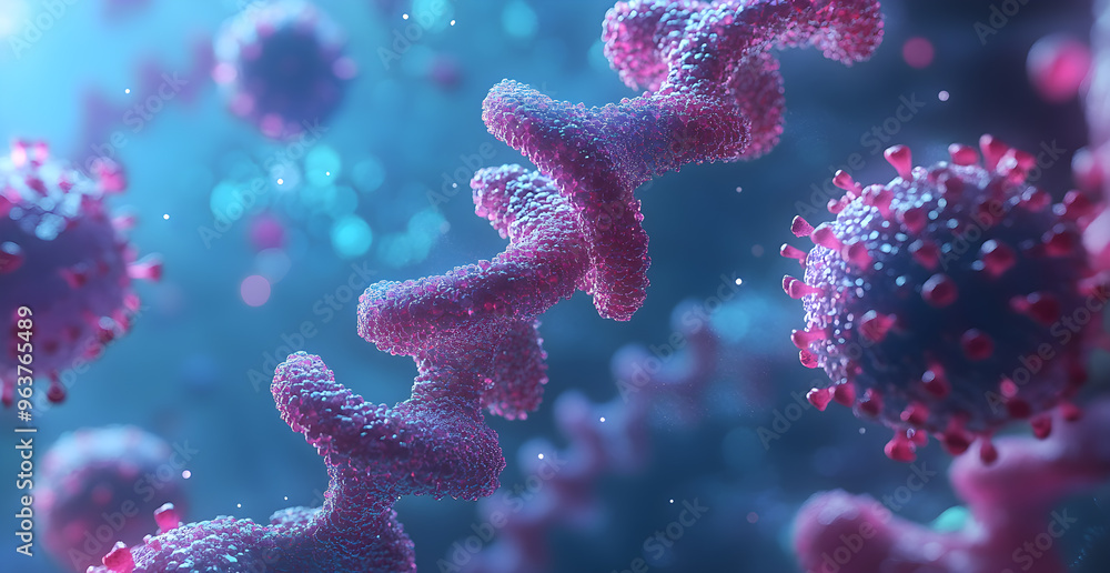 Obraz premium A close up of a pink and blue virus with a purple strand of DNA