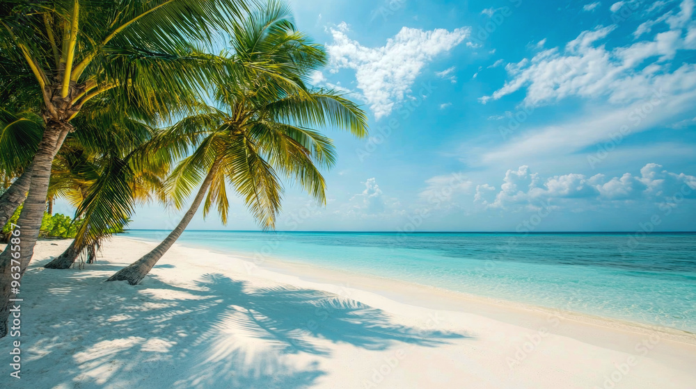 Tropical sea beach scene with clear turquoise water, white sandy shore and palm trees under a bright blue sky on a sunny day Tropical sea beach scene with clear turquoise water, white sandy shore and palm trees under a bright blue sky on a sunny day