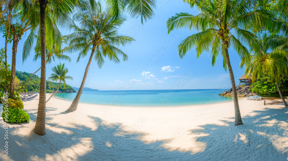 Obraz premium Tropical sea beach scene with clear turquoise water, white sandy shore and palm trees under a bright blue sky on a sunny day