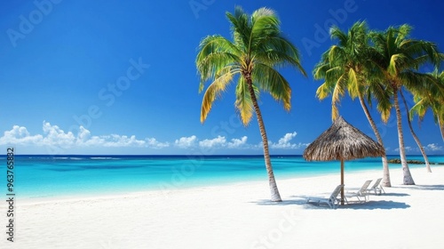 Tropical sea beach scene with clear turquoise water, white sandy shore and palm trees under a bright blue sky on a sunny day