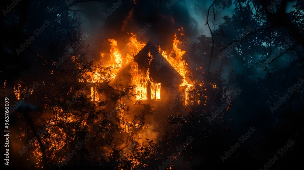 A raging house fire in a dense, dark forest, flames illuminating the night sky, casting eerie shadows on the trees, wildlife fleeing in panic, insurance-focused imagery A raging house fire in a dense, dark forest, flames illuminating the night sky, casting eerie shadows on the trees, wildlife fleeing in panic, insurance-focused imagery