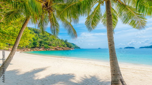 Fototapeta Naklejka Na Ścianę i Meble -  Tropical sea beach scene with clear turquoise water, white sandy shore and palm trees under a bright blue sky on a sunny day