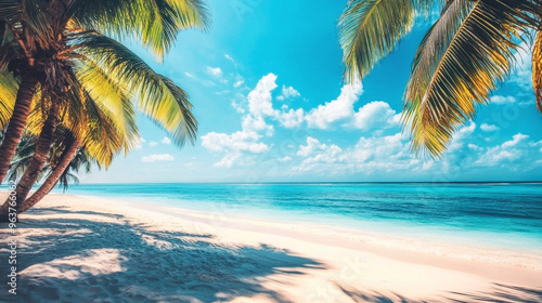 Tropical sea beach scene with clear turquoise water, white sandy shore and palm trees under a bright blue sky on a sunny day