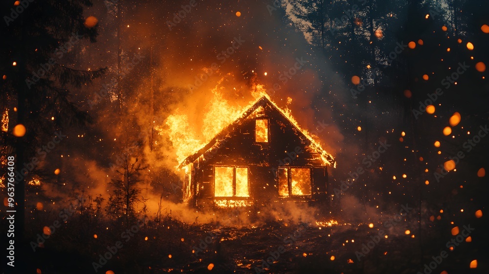 A small cabin on fire deep in the woods at night, firefighters battling the blaze as sparks fly, smoke-filled sky, perfect for insurance documentation A small cabin on fire deep in the woods at night, firefighters battling the blaze as sparks fly, smoke-filled sky, perfect for insurance documentation