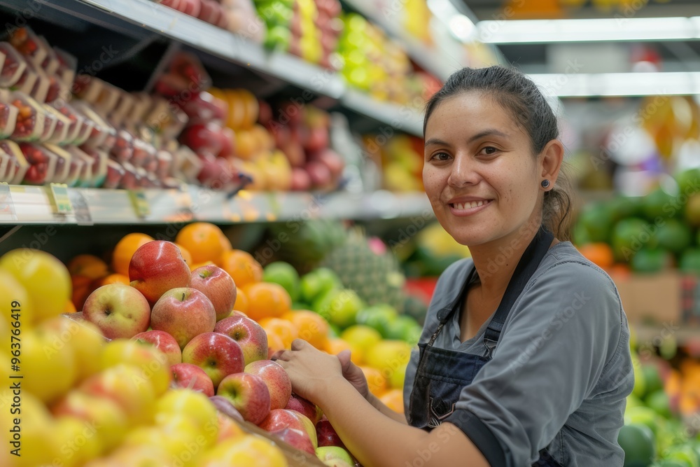 A young smiling latin female grocery store worker smiling while arranging fresh apples and other fruits on a shelf in a supermarket. A young smiling latin female grocery store worker smiling while arranging fresh apples and other fruits on a shelf in a supermarket.