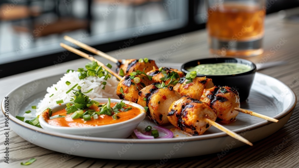 Colorful chicken skewers marinated in exotic spices and served with rice and dipping sauces. Colorful chicken skewers marinated in exotic spices and served with rice and dipping sauces.