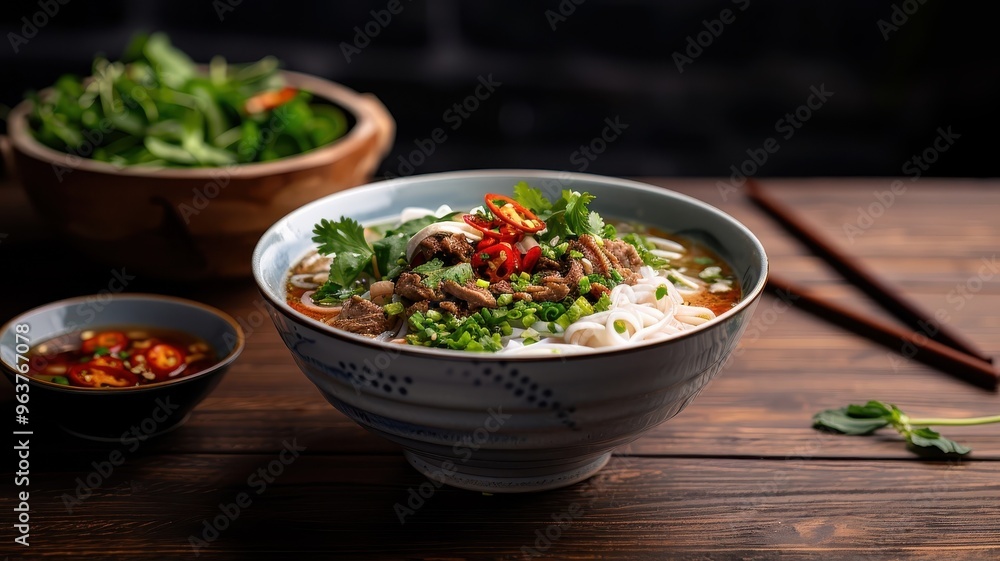 A hearty bowl of Vietnamese bún bò Huế with spicy beef broth and rice noodles. A hearty bowl of Vietnamese bún bò Huế with spicy beef broth and rice noodles.