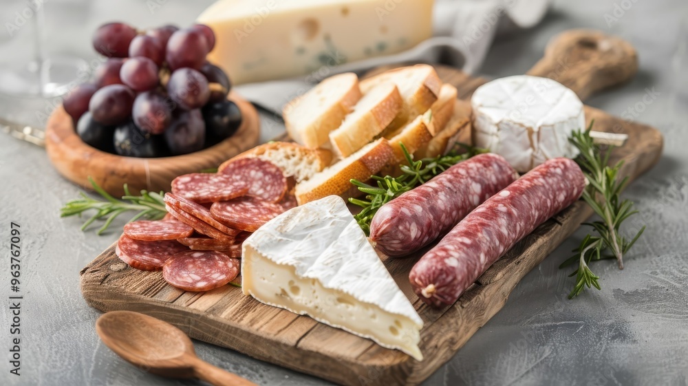 A charcuterie board with an assortment of cured sausages, cheeses, bread, and fruit. A charcuterie board with an assortment of cured sausages, cheeses, bread, and fruit.