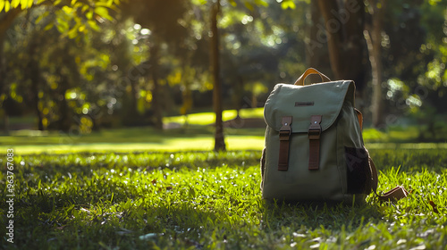 sustainable travel backpack made from recycled materials, placed in a lush, green park setting photo