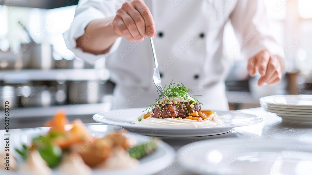 A Michelin-starred chef plates a stunning culinary masterpiece. A Michelin-starred chef plates a stunning culinary masterpiece.