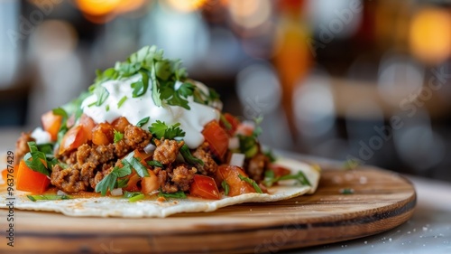 A close-up of a sope topped with refried beans, chorizo, lettuce, tomatoes, and sour cream. photo