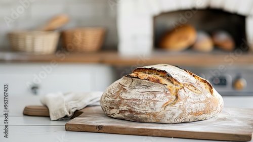 A rustic oven bakes a golden-brown loaf of sourdough bread. photo