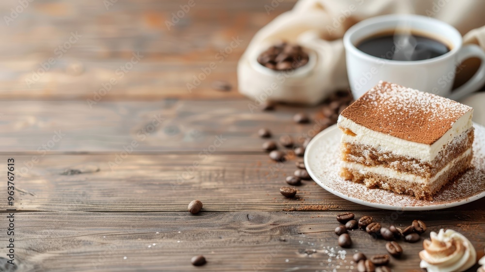 A rustic setting with tiramisu, espresso, and coffee beans. A rustic setting with tiramisu, espresso, and coffee beans.