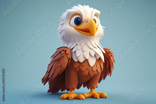 A cute cartoon bald eagle with white head and brown body standing on a blue background. photo