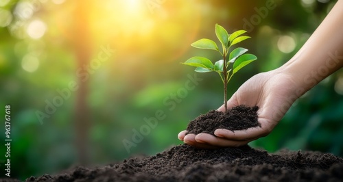 Hand Holding a Green Plant Symbolizing Tree Planting and Environmental Protection on Blurred Background, Emphasizing Sustainable Development and Nature Growth, with Copy Space