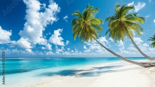 Fototapeta Naklejka Na Ścianę i Meble -  Tropical sea beach scene with clear turquoise water, white sandy shore and palm trees under a bright blue sky on a sunny day
