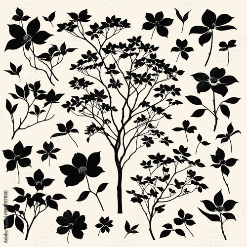 Dogwood (Cornus florida) Silhouettes vector