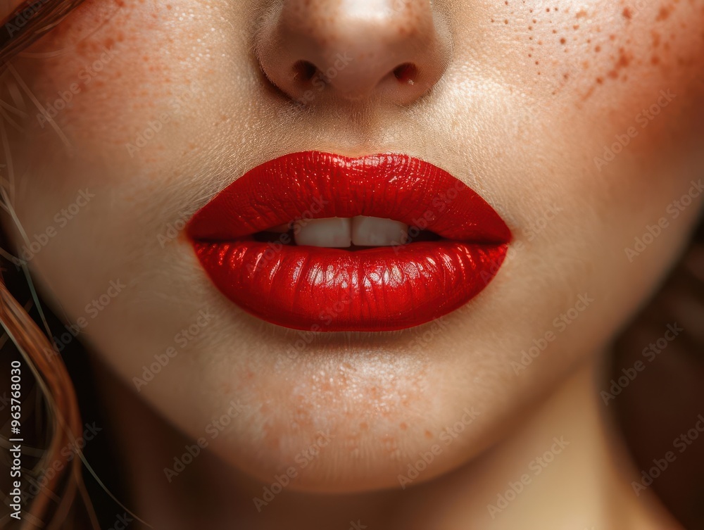 Obraz premium Close-up of a woman's lips with bright red lipstick.