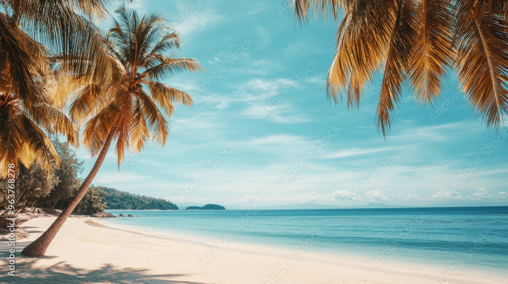 Tropical sea beach scene with clear turquoise water, white sandy shore and palm trees under a bright blue sky on a sunny day Tropical sea beach scene with clear turquoise water, white sandy shore and palm trees under a bright blue sky on a sunny day
