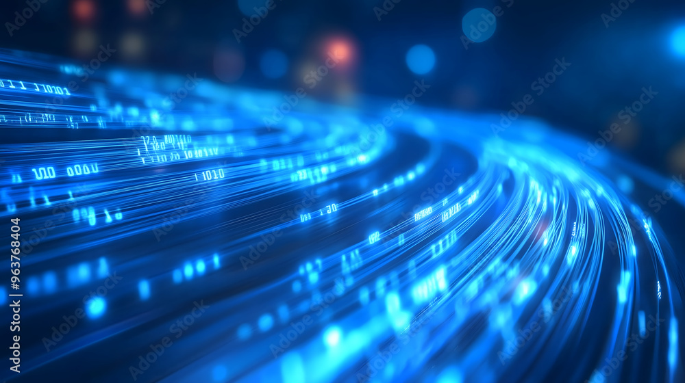 Abstract blue glowing digital lines and numbers background with fiber optic cables Abstract blue glowing digital lines and numbers background with fiber optic cables
