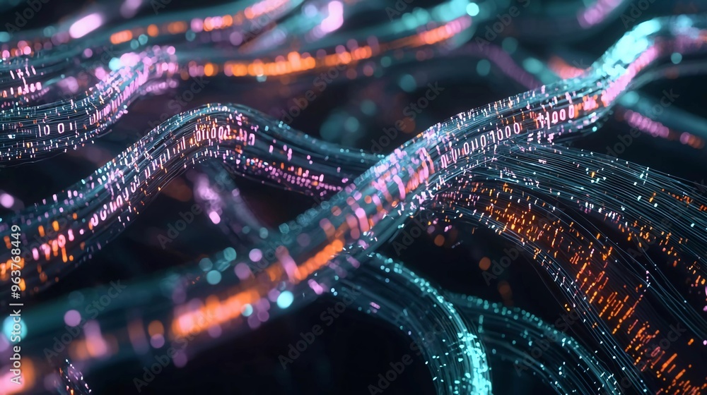 Flowing Data from computer systems or servers. Abstract visual of binary data for digital systems. download, upload of information to data center. Nice 3D rendering Flowing Data from computer systems or servers. Abstract visual of binary data for digital systems. download, upload of information to data center. Nice 3D rendering