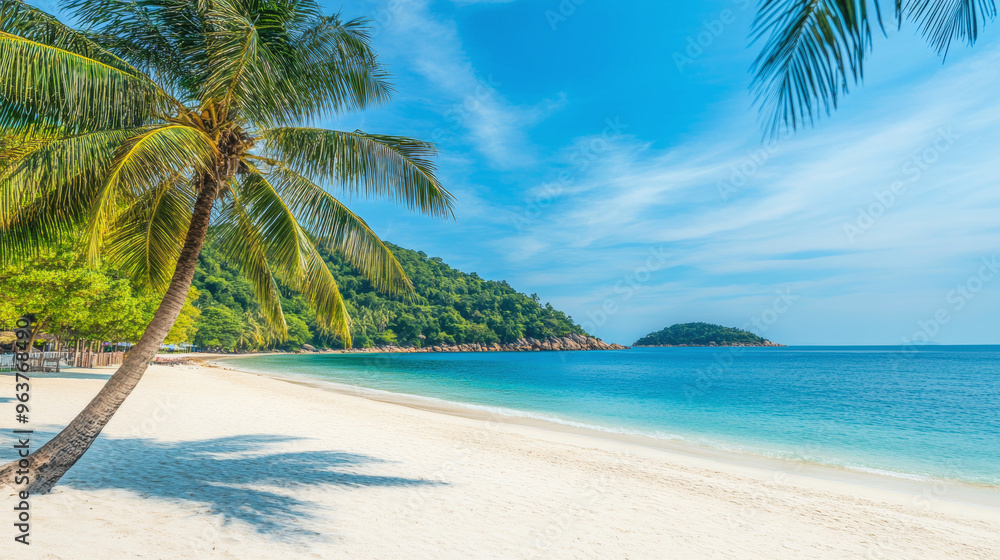 Tropical sea beach scene with clear turquoise water, white sandy shore and palm trees under a bright blue sky on a sunny day Tropical sea beach scene with clear turquoise water, white sandy shore and palm trees under a bright blue sky on a sunny day