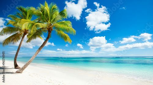 Tropical sea beach scene with clear turquoise water, white sandy shore and palm trees under a bright blue sky on a sunny day