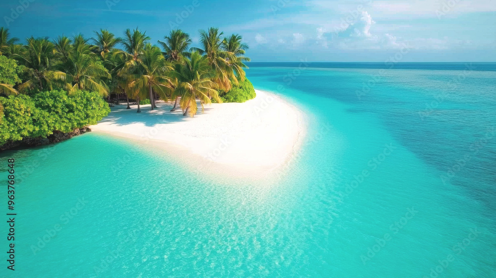 Fototapeta premium Tropical sea beach scene with clear turquoise water, white sandy shore and palm trees under a bright blue sky on a sunny day