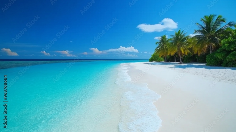 Naklejka premium Tropical sea beach scene with clear turquoise water, white sandy shore and palm trees under a bright blue sky on a sunny day