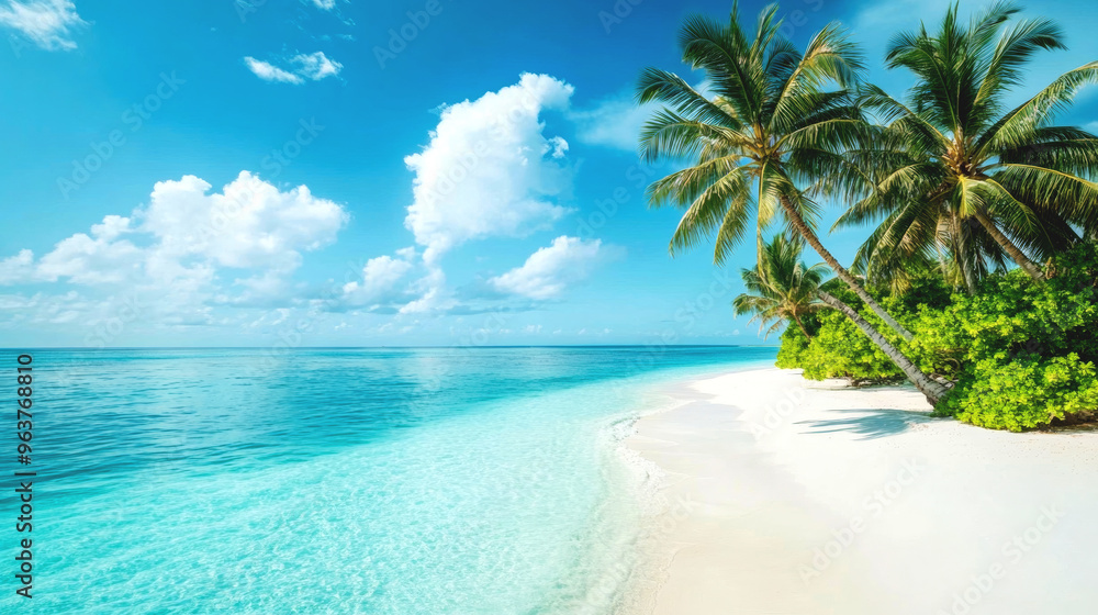 Naklejka premium Tropical sea beach scene with clear turquoise water, white sandy shore and palm trees under a bright blue sky on a sunny day