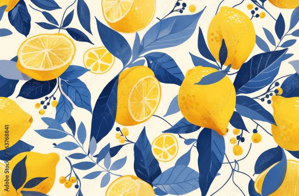 Lemon-Themed Fabric Design Featuring Lemons and Blue Leaves on a White Background Lemon-Themed Fabric Design Featuring Lemons and Blue Leaves on a White Background