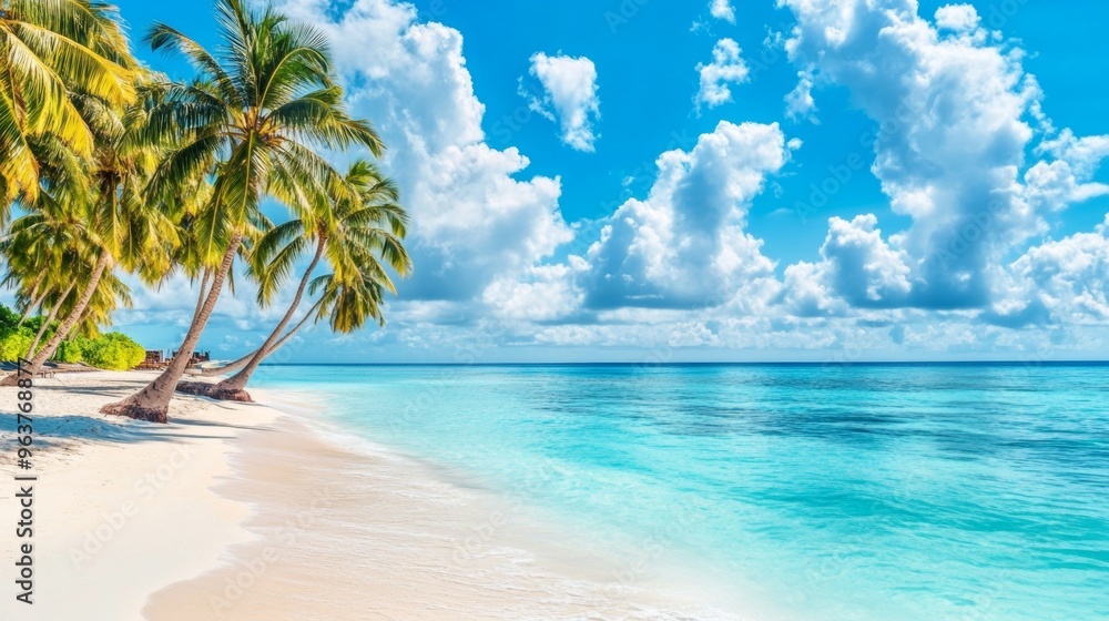 Tropical sea beach scene with clear turquoise water, white sandy shore and palm trees under a bright blue sky on a sunny day Tropical sea beach scene with clear turquoise water, white sandy shore and palm trees under a bright blue sky on a sunny day
