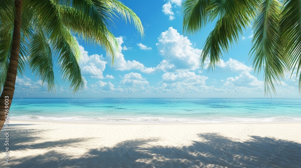 Tropical sea beach scene with clear turquoise water, white sandy shore and palm trees under a bright blue sky on a sunny day Tropical sea beach scene with clear turquoise water, white sandy shore and palm trees under a bright blue sky on a sunny day