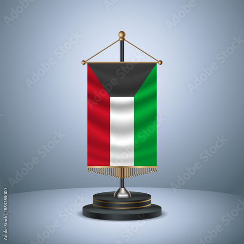 Kuwait Vertical table flag with golden pole of on dark  gradient background