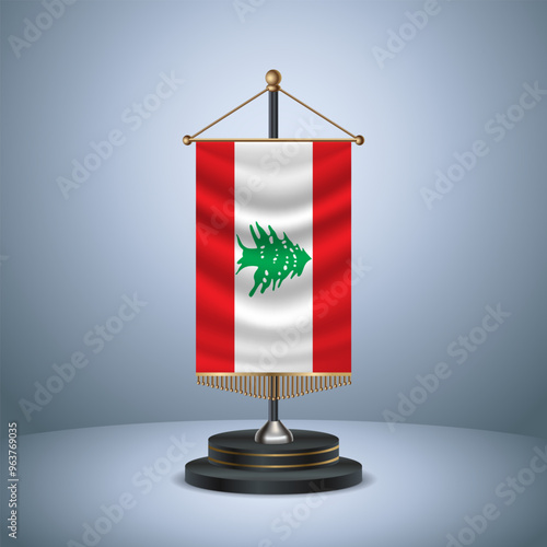 Lebanon Vertical table flag with golden pole of on dark  gradient background