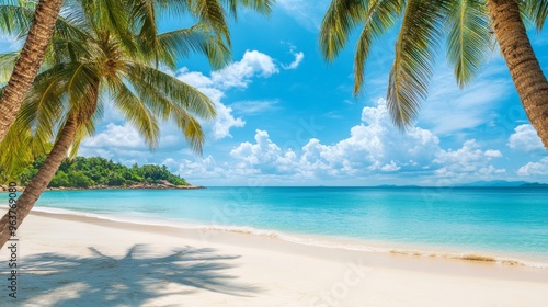 Fototapeta Naklejka Na Ścianę i Meble -  Tropical sea beach scene with clear turquoise water, white sandy shore and palm trees under a bright blue sky on a sunny day