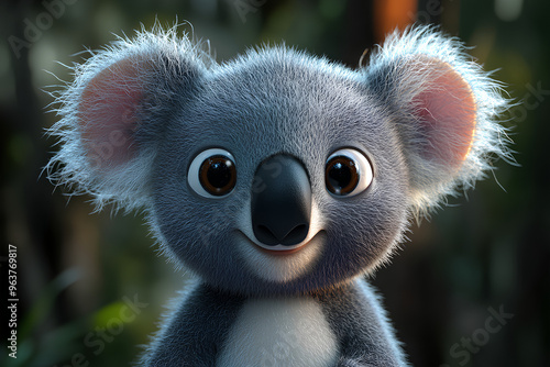 A cute cartoon koala bear with big brown eyes and a fluffy grey coat looks directly at the camera with a friendly smile. photo