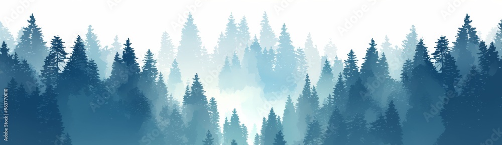 Obraz premium Seamless Pine Forest Pattern with Gradient from Light Gray to Dark Blue on White Background