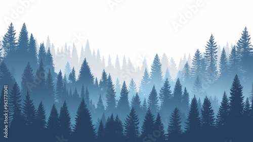 Seamless Pine Forest Pattern with Gradient from Light Gray to Dark Blue on White Background photo