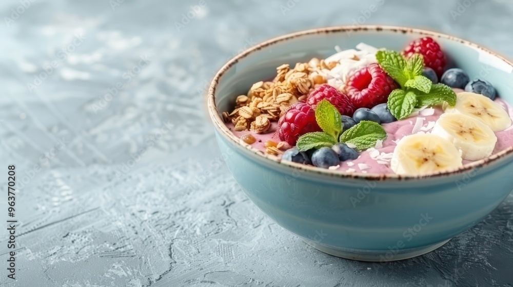 A colorful acai bowl topped with fresh berries, banana, granola, and coconut flakes. A colorful acai bowl topped with fresh berries, banana, granola, and coconut flakes.