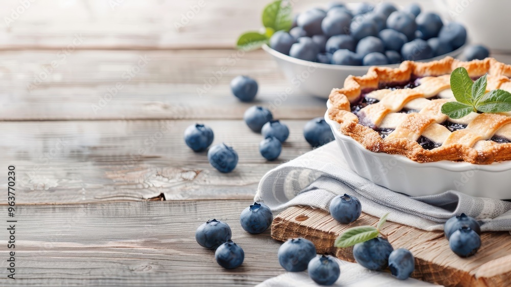 A warm, flaky blueberry pie on a rustic wooden table. A warm, flaky blueberry pie on a rustic wooden table.