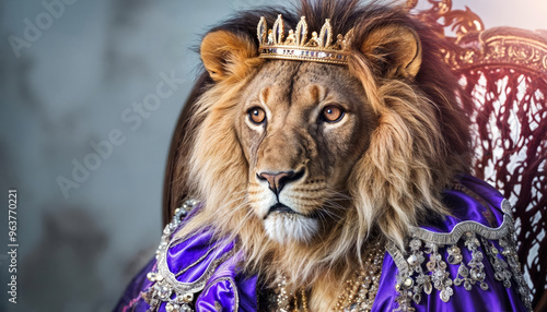 Portrait of majestic anthropomorphic male lion with brown mane on throne dressed as medieval king with golden crown and purple royal robe cape in baroque and antique style atmosphere. 