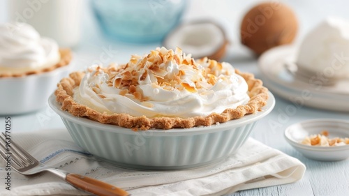 A decadent coconut cream pie with a flaky crust and a luscious coconut custard filling. photo